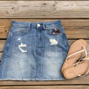Denim Mid Rise Distressed Jean Skirt